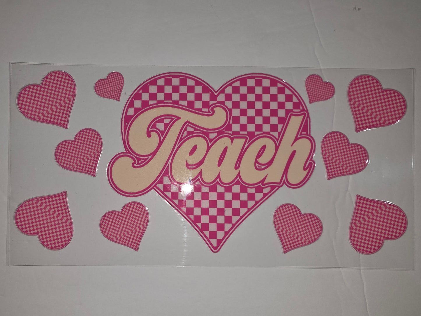 Pink Checkerboard Heart "Teach" Tumbler Wrap - Teacher Gift, Retro Style