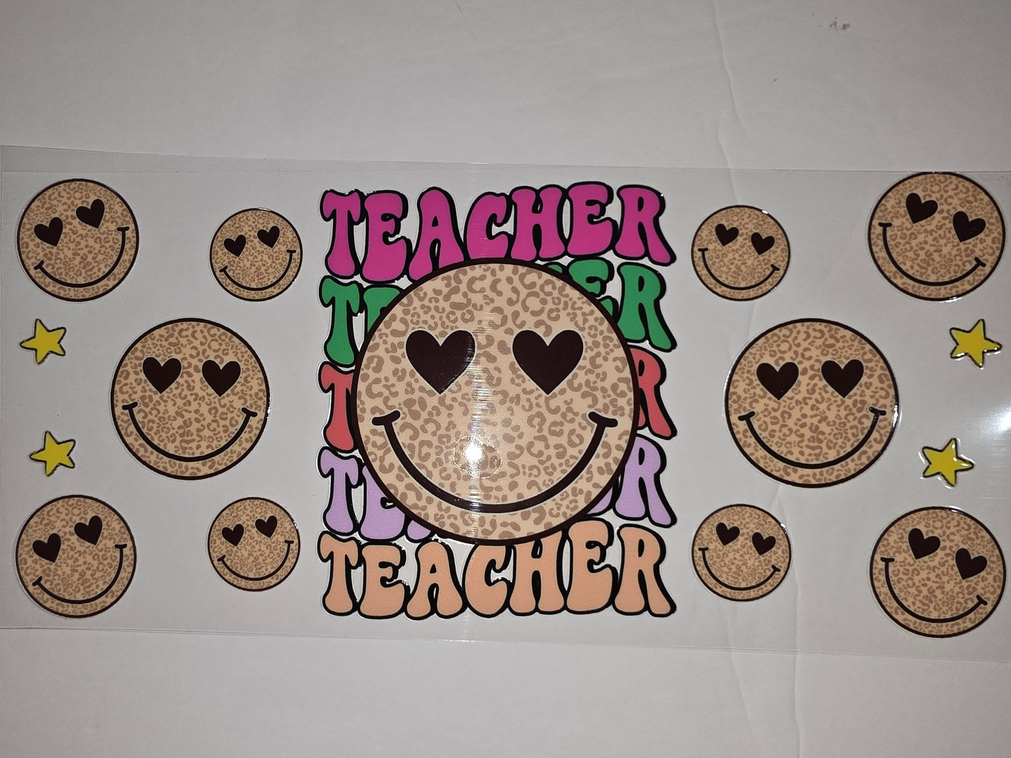 Retro Teacher Smiley Face Leopard Print Tumbler Wrap | Boho Teacher Gift | Sublimation Design