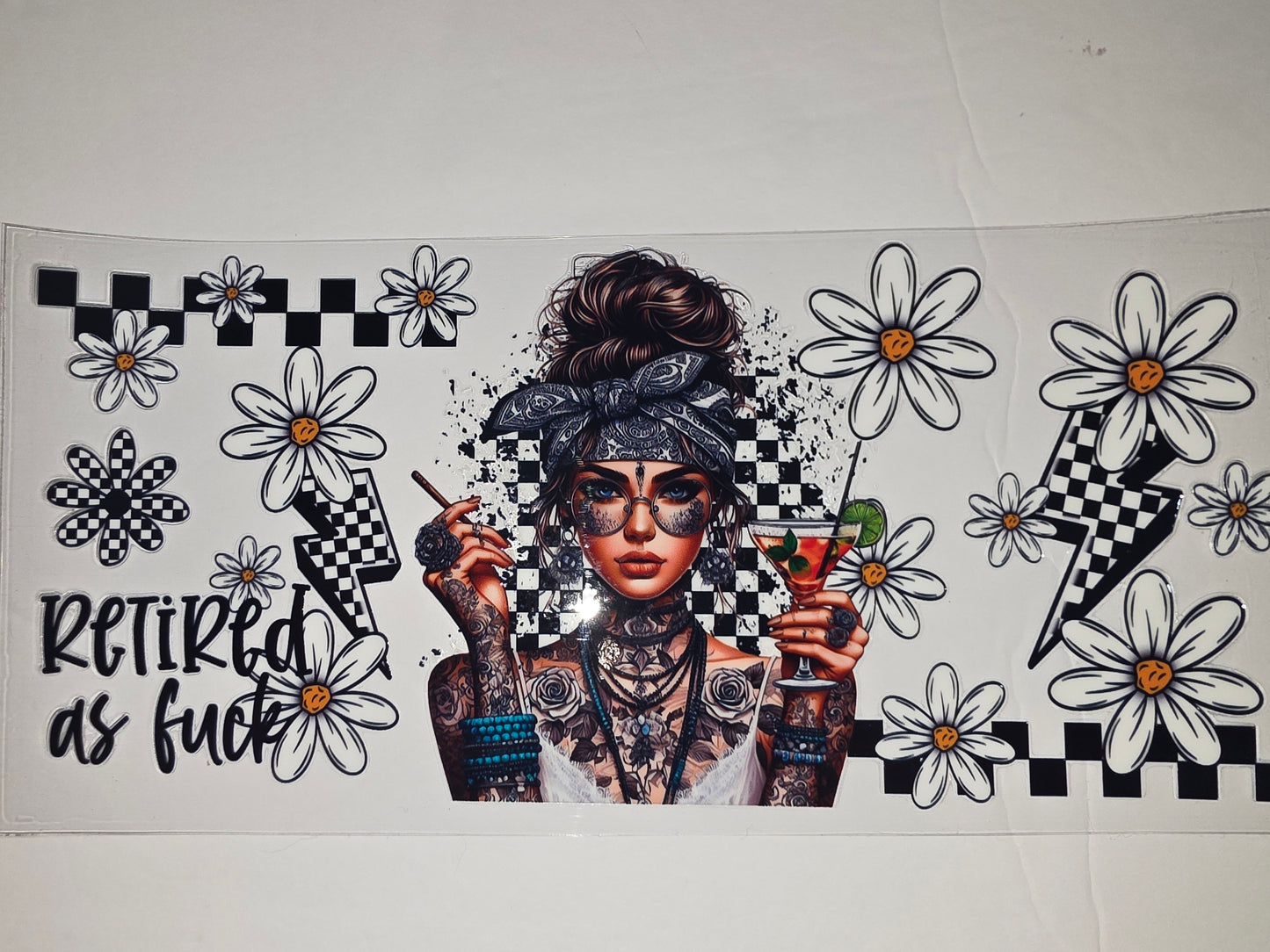 Tattooed Woman Daisy & Checkerboard Tumbler Wrap | Retro Boho Drinkware Design
