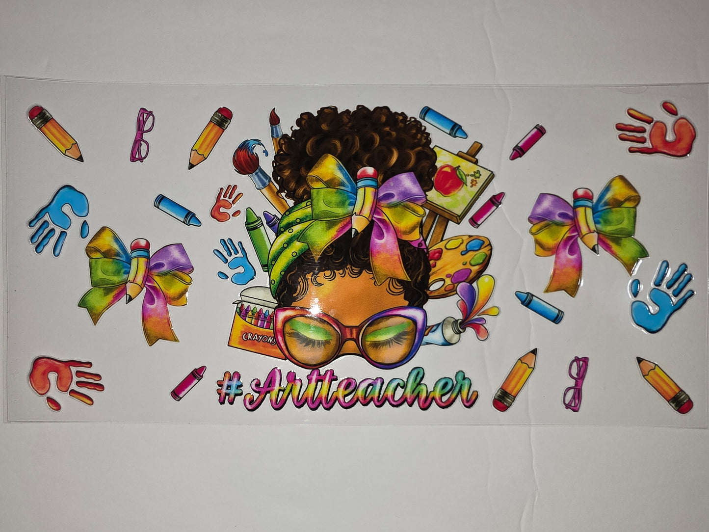Art Teacher Tumbler Wrap - Colorful Pencils, Crayons, Paint & Bows Design
