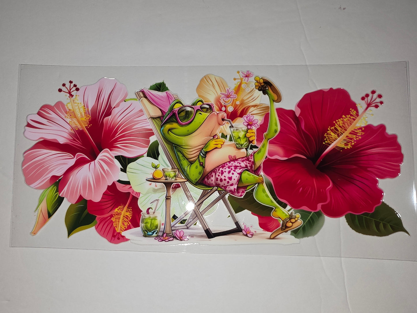 Relaxing Frog Tumbler Wrap - Tropical Hibiscus & Pink Sunglasses Design