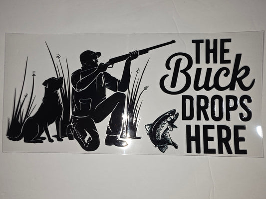 Black Silhouette Hunting Dog & Fisherman Tumbler Wrap | "The Buck Drops Here" Design
