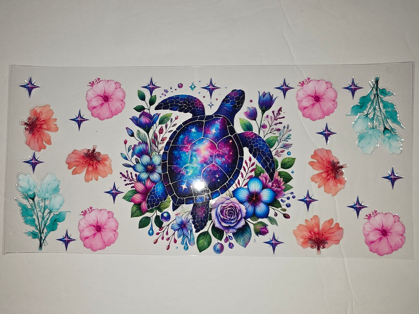 Cosmic Turtle Floral Tumbler Wrap - Galaxy Sea Turtle & Flowers Sublimation Design