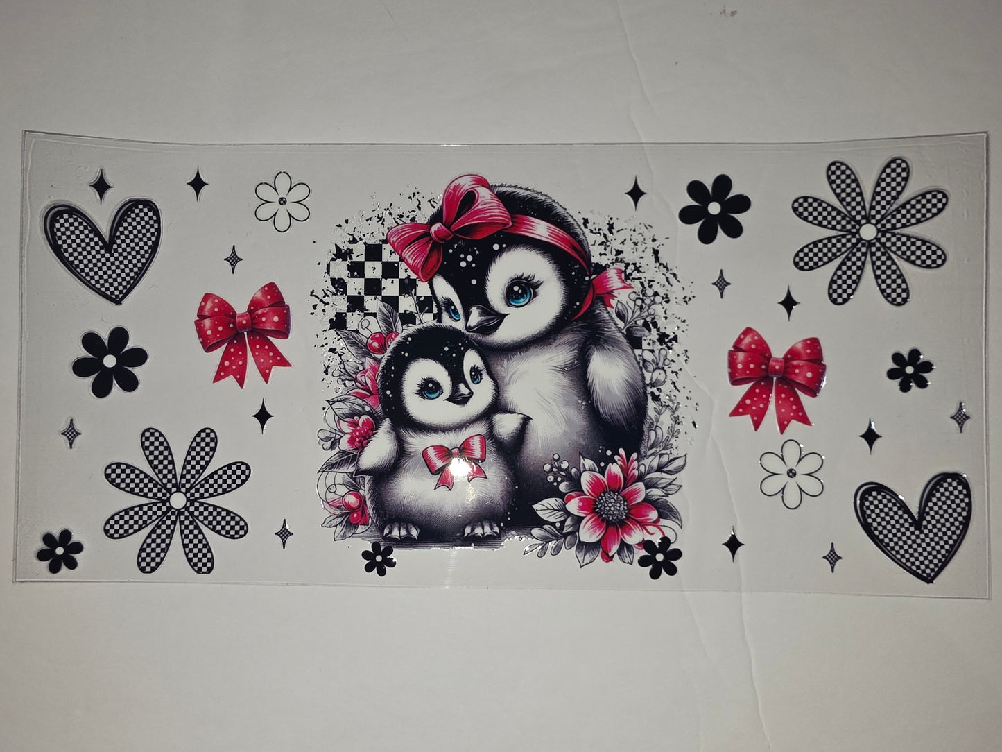 Cute Penguin Mom & Baby Tumbler Wrap | Pink Bows, Flowers & Checkered Hearts | Sublimation Design