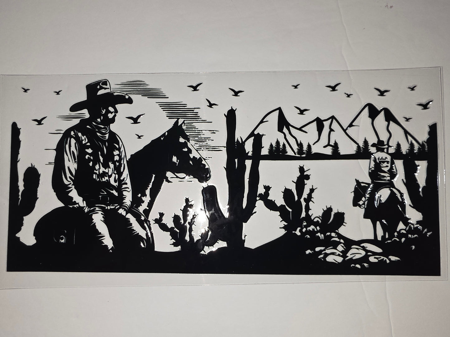 Black & White Cowboy Horse Desert Landscape Tumbler Wrap | Western Silhouette