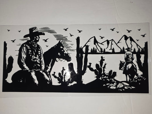 Black & White Cowboy Horse Desert Landscape Tumbler Wrap | Western Silhouette