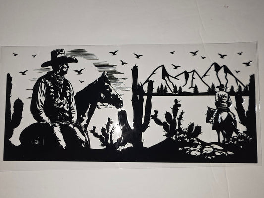 Black & White Cowboy & Horse Desert Landscape Tumbler Wrap | Western Scene Cup Design