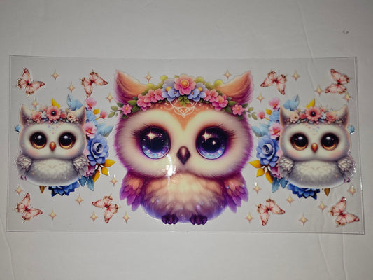 Whimsical Owl & Butterfly Tumbler Wrap - Pink, Purple, Blue Floral Design
