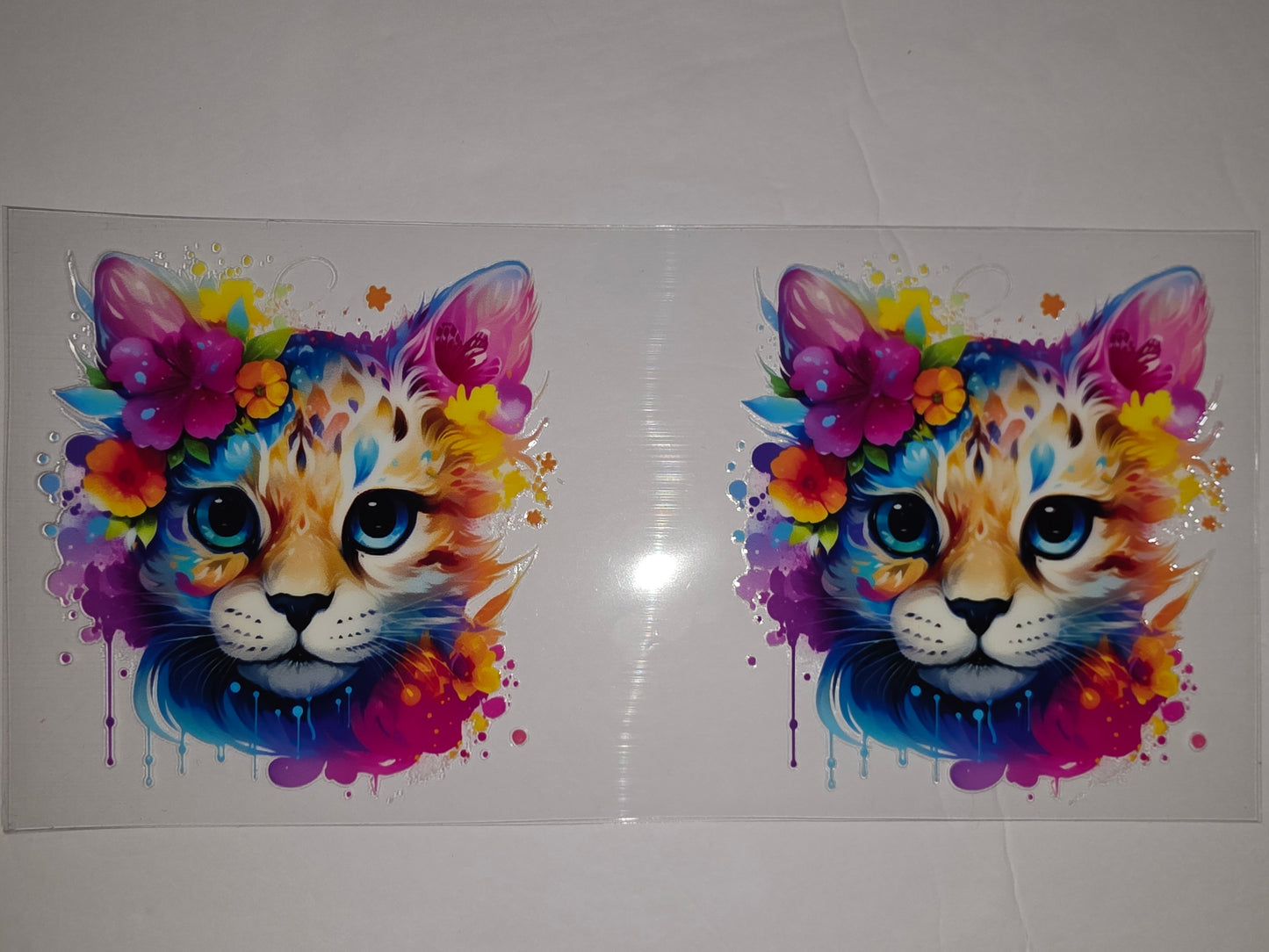 Vibrant Watercolor Cat Tumbler Wrap - Floral Crown & Drip Design - Pink, Blue, Yellow