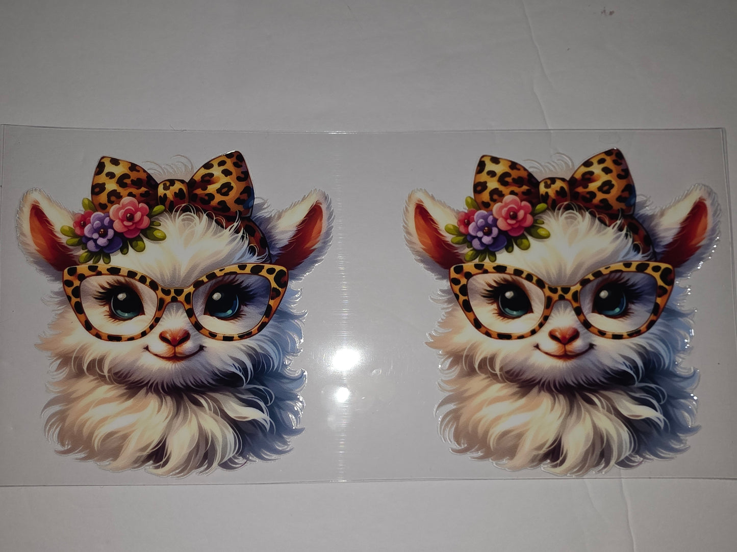 Cute Fluffy Llama with Leopard Bow & Glasses Tumbler Wrap | Floral Accent
