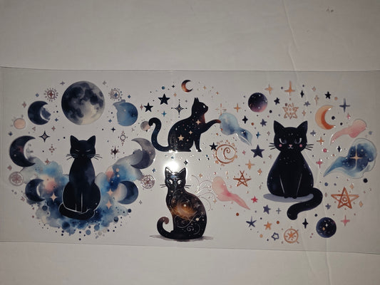 Celestial Black Cat Tumbler Wrap - Moon, Stars, Galaxy Design - Sublimation Cup Art