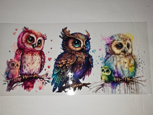 Whimsical Watercolor Owl Family Tumbler Wrap - Pink, Teal, Purple, Gold