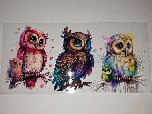 Whimsical Watercolor Owl Family Tumbler Wrap | Pink, Teal, Gold & Purple