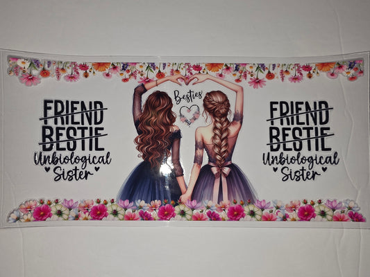 Bestie Unbiological Sister Tumbler Wrap | Two Girls Friendship Floral Design | Pink & Purple Flowers