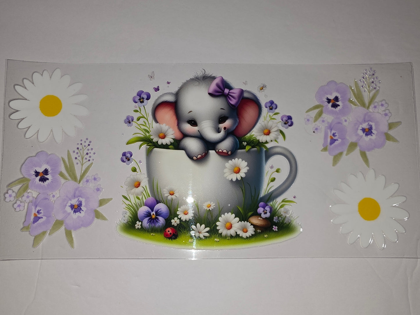 Cute Elephant in Teacup Tumbler Wrap | Purple Pansies & Daisies | Sublimation Design