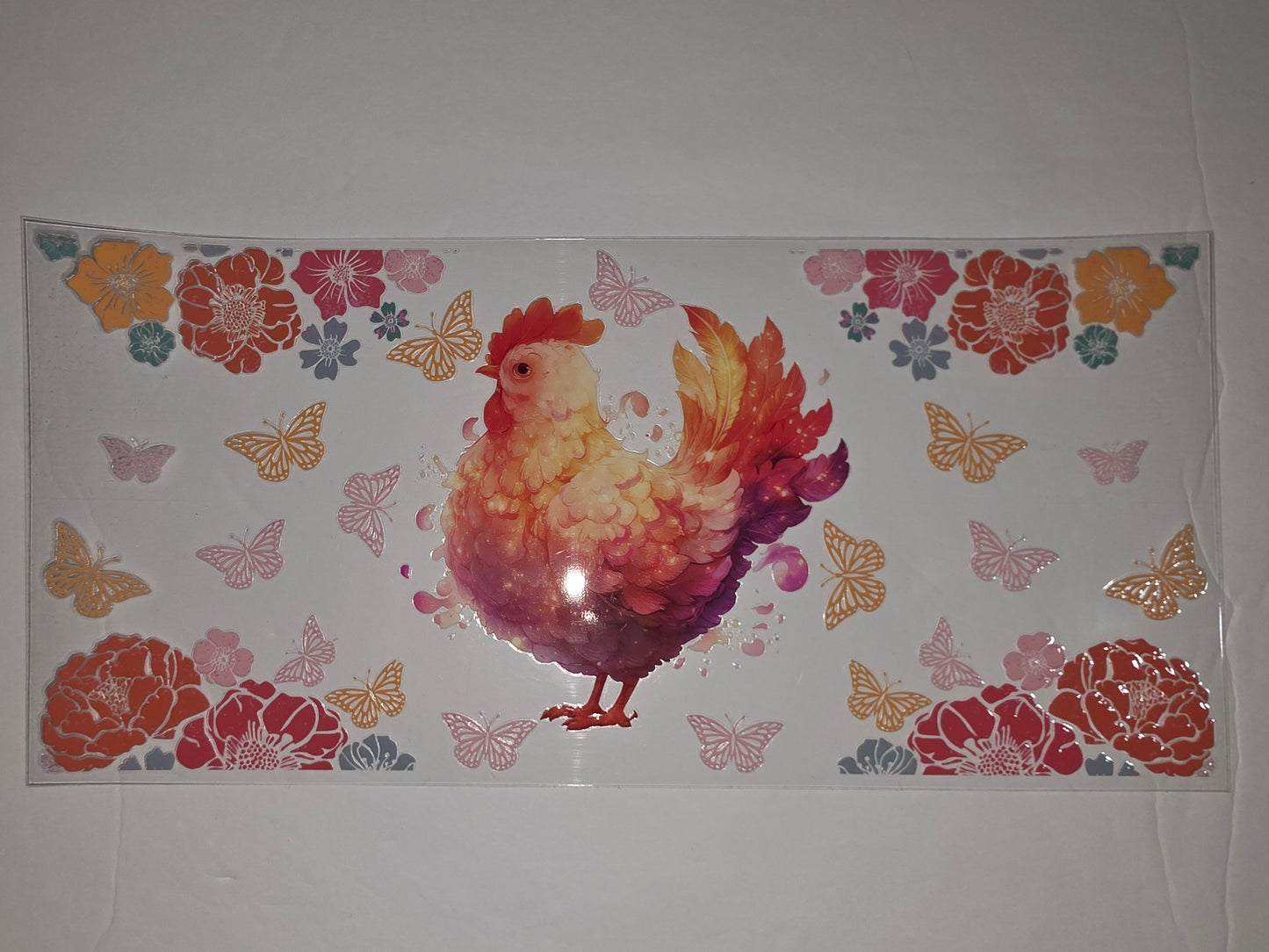 Vibrant Rooster & Butterfly Floral Tumbler Wrap - Pink, Orange, Red, Yellow
