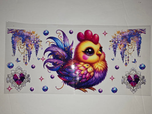 Whimsical Rooster & Wisteria Tumbler Wrap - Purple, Blue, Gold, Pink - Fantasy Art