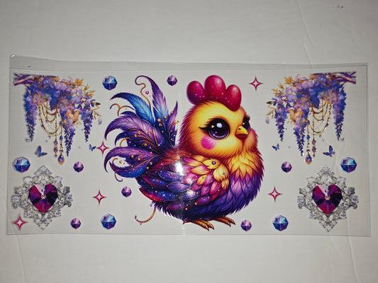 Whimsical Rooster & Wisteria Tumbler Wrap - Purple, Blue, Yellow, Pink Gemstone Design