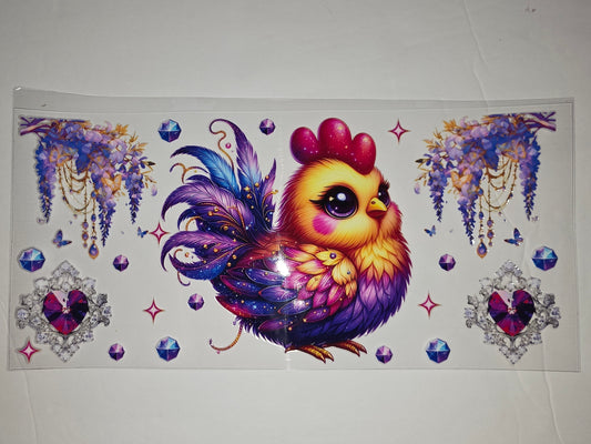 Whimsical Rooster & Wisteria Tumbler Wrap | Purple, Blue, Gold Gemstone Design