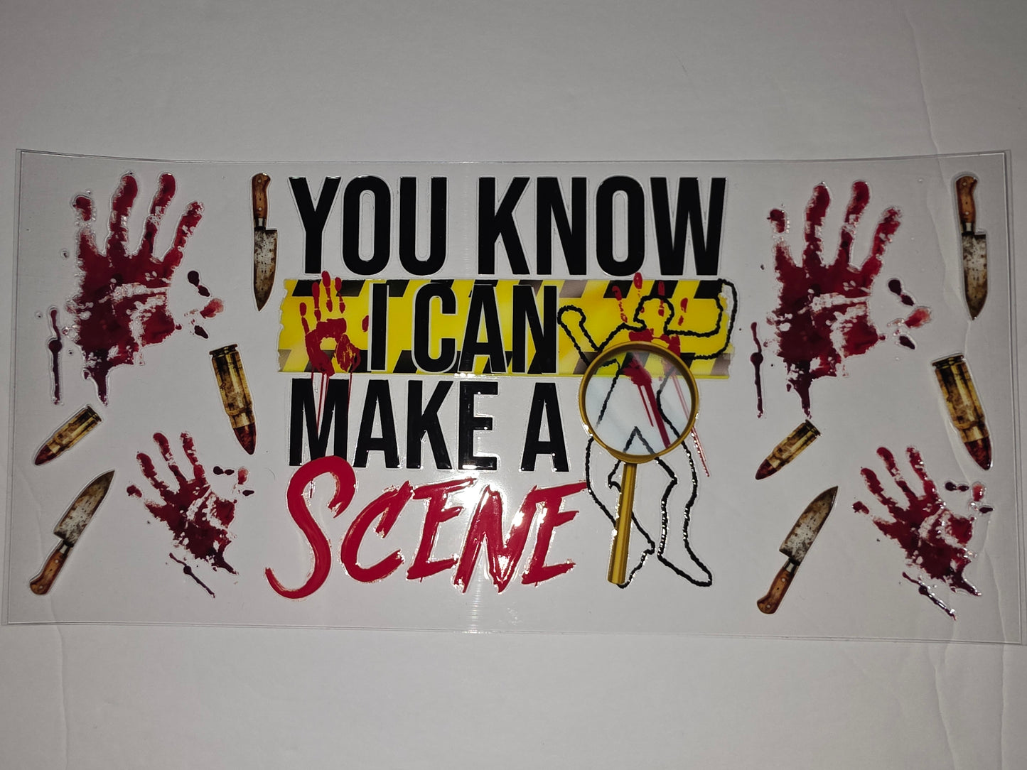 Crime Scene Tumbler Wrap | Bloody Handprints, Knives, Bullets & Magnifying Glass | Dark Humor