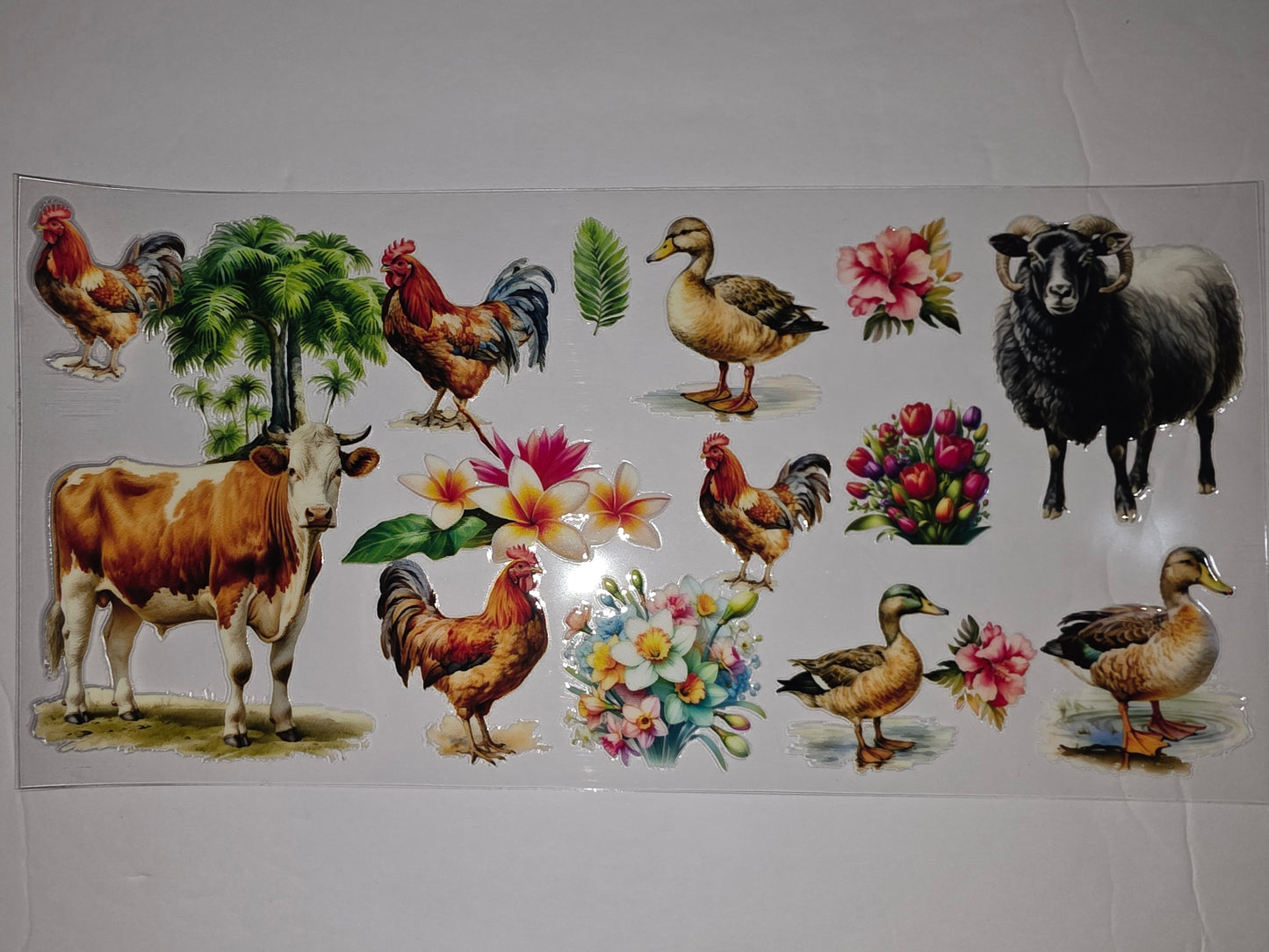 Farmhouse Animals & Flowers Tumbler Wrap - Cow, Roosters, Ducks, Sheep, Tropical Blooms
