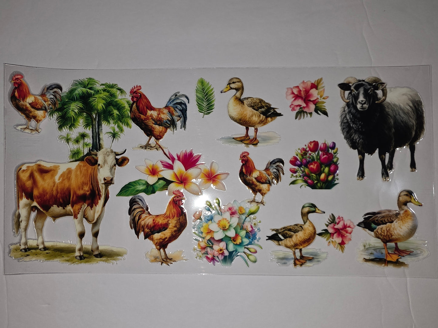 Farm Animal & Floral Tumbler Wraps: Roosters, Ducks, Cow, Sheep, Tropical Flowers