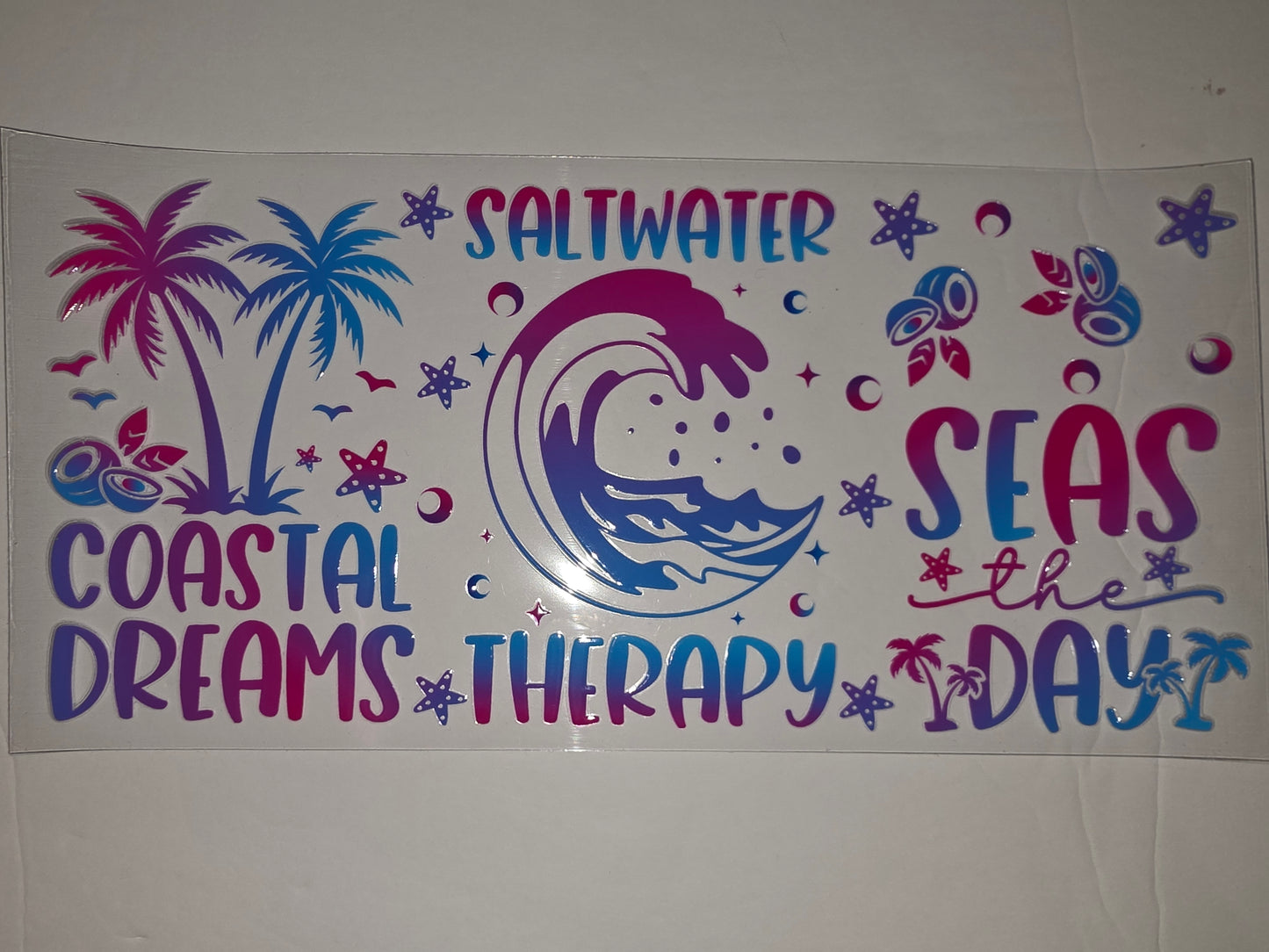 Coastal Dreams Saltwater Seas Therapy Tumbler Wrap | Palm Trees, Waves, Starfish | Pink Blue Gradient