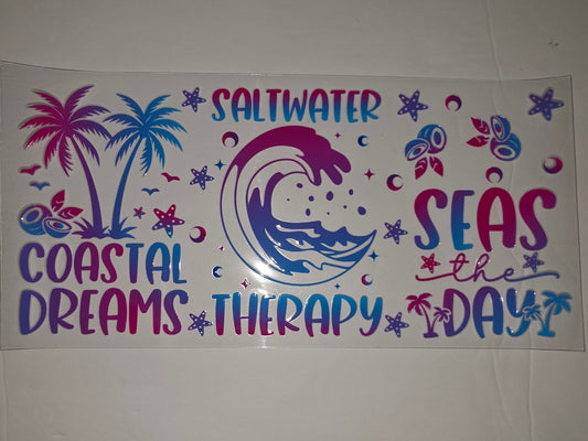 Coastal Dreams Saltwater Therapy Beach Tumbler Wrap | Pink Blue Ombre Palm Trees & Wave
