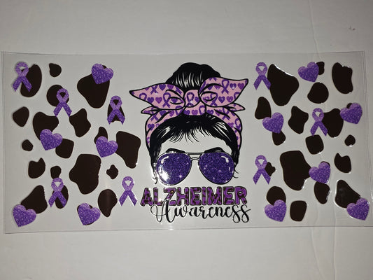 Alzheimer's Awareness Tumbler Wrap - Purple Ribbons, Cow Print, Messy Bun Girl