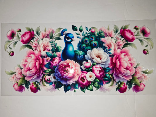 Vibrant Peacock & Peony Floral Tumbler Wrap - Pink, Blue, Green - Sublimation Design