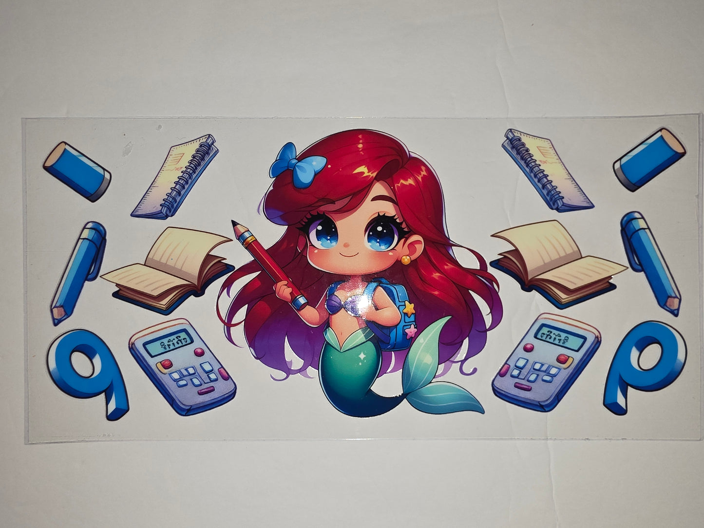 Cute Mermaid & School Supplies Tumbler Wrap | Kawaii Ariel, Pencils, Books, Calculator
