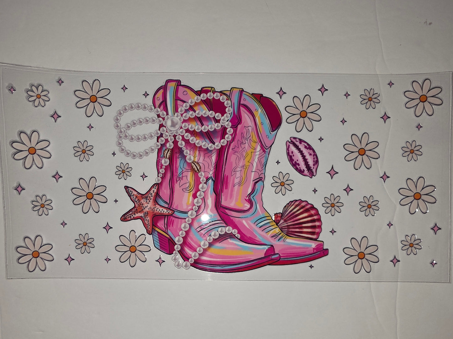 Pink Daisy & Seashell Cowboy Boots Tumbler Wrap | Beachy Western Drinkware Design