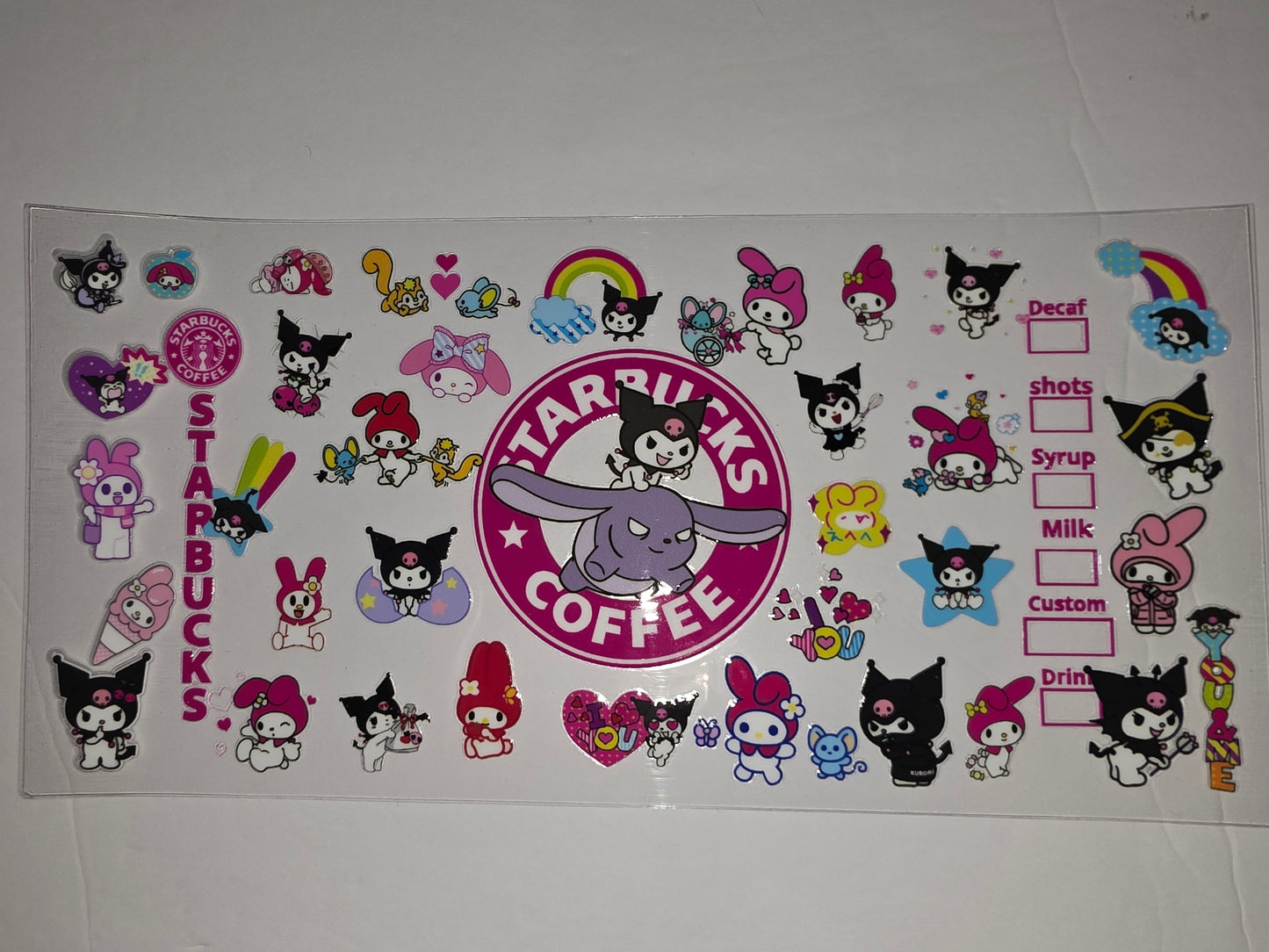 Kawaii Kuromi & My Melody Starbucks Coffee Tumbler Wrap Stickers - Pink, Purple & Black