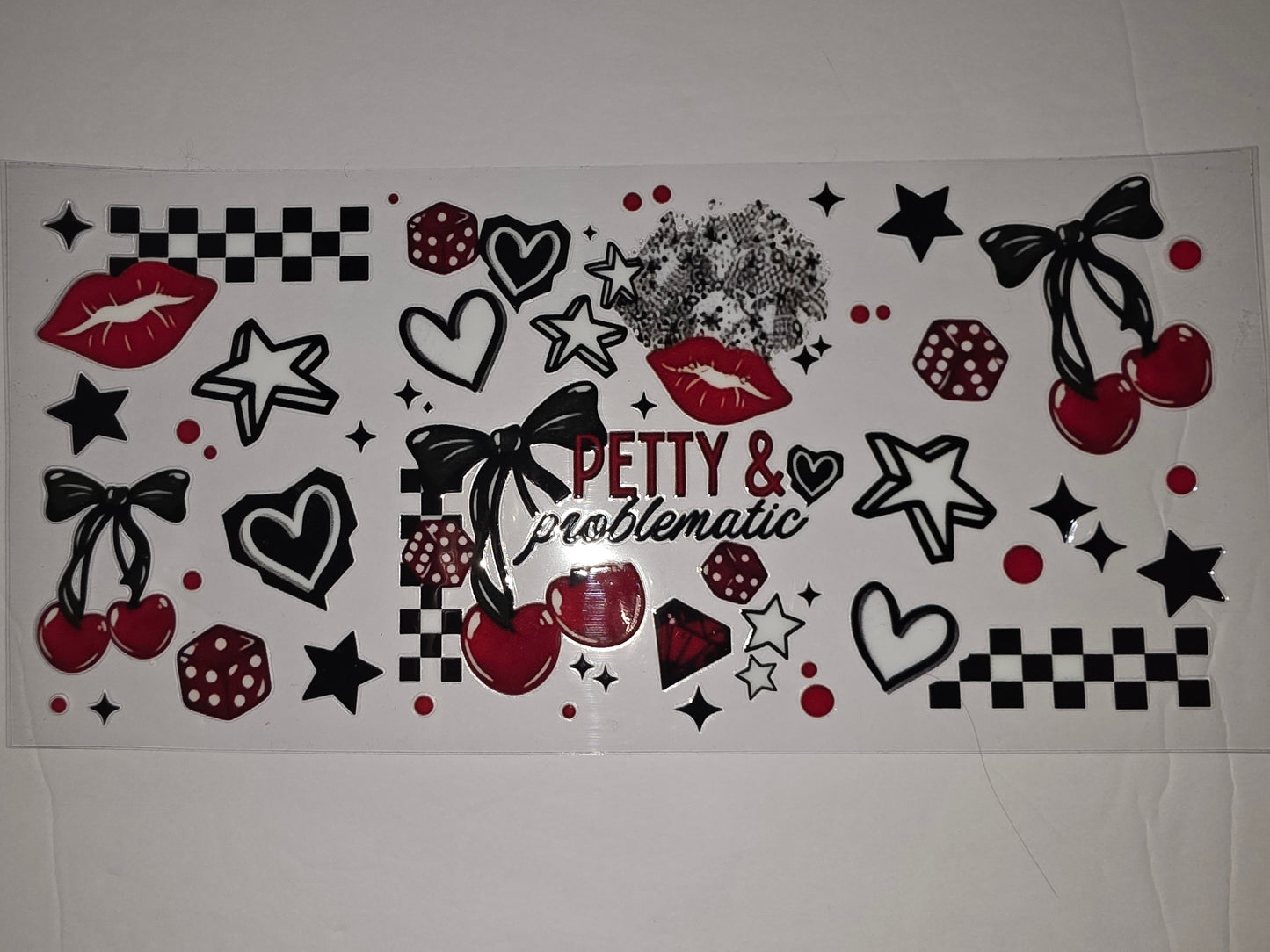 Red & Black "Petty & Problematic" Tumbler Wrap - Lips, Cherries, Dice, Hearts & Stars
