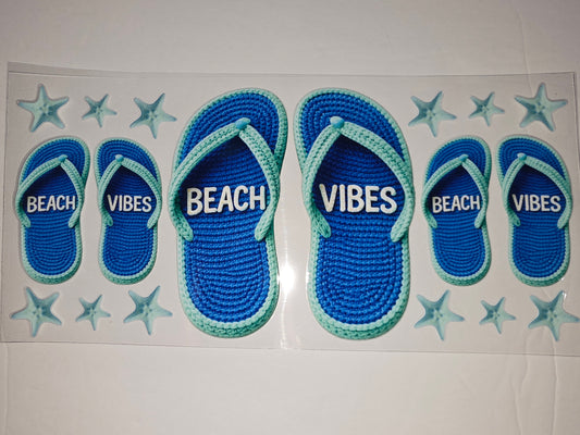 Blue Crochet Flip Flop & Starfish Beach Vibes Tumbler Wrap | Summer Drinkware Decal