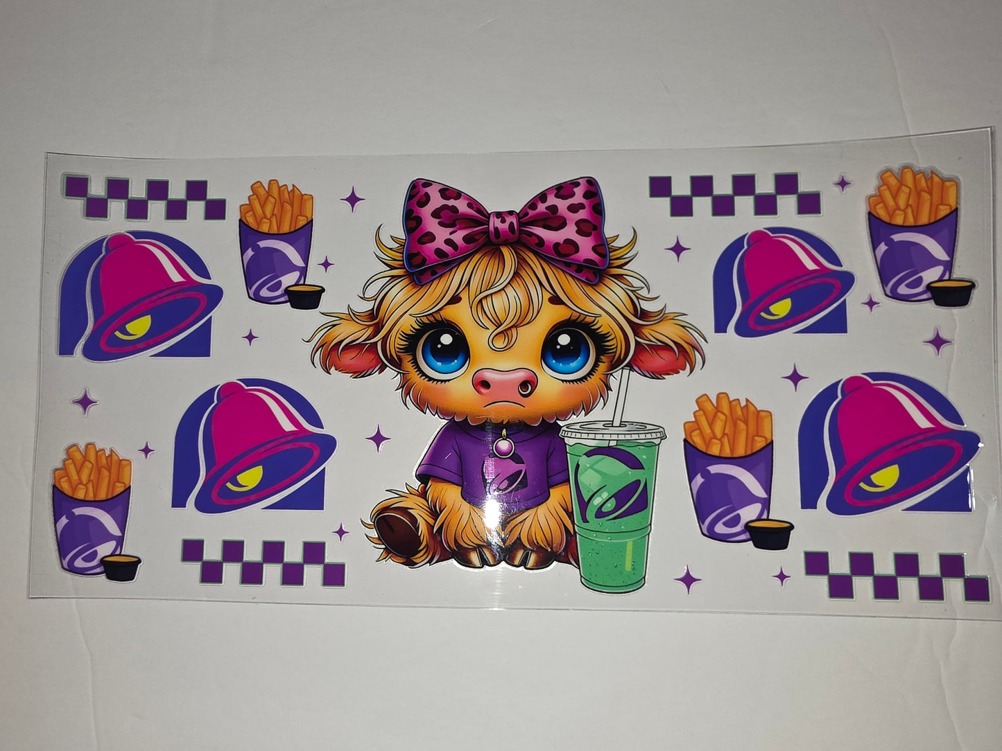 Cute Cow Tumbler Wrap - Fast Food Theme with Fries & Bells - Pink Leopard Bow