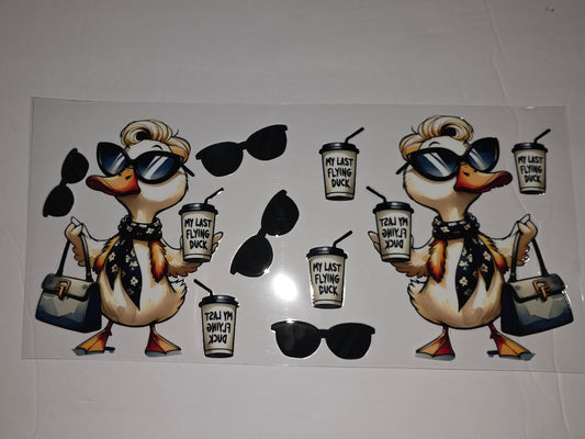 Chic Duck Tumbler Wrap | "My Last Flying Duck" Coffee Cup Design | Sunglasses & Handbag