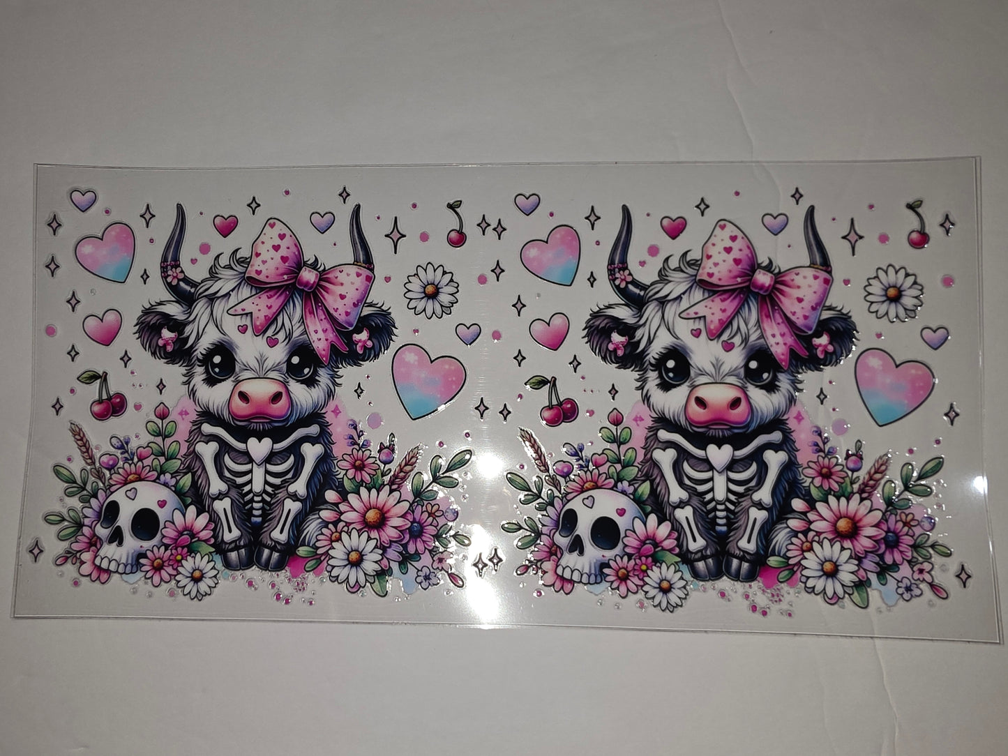 Cute Skeleton Highland Cow Tumbler Wrap | Pink Hearts, Flowers, Skulls | Sublimation Design