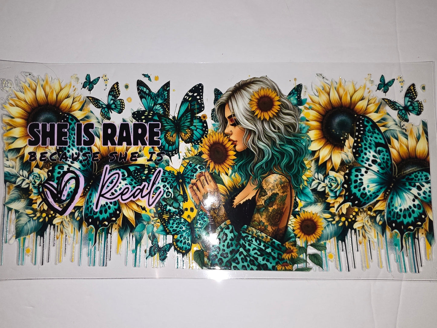 Boho Butterfly Sunflower Tumbler Wrap | Teal & Yellow Floral Design | Sublimation Cup Art