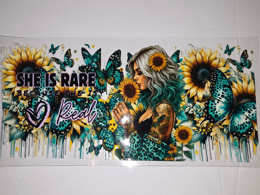 Boho Butterfly Sunflower Tumbler Wrap | Teal & Yellow Floral Design | Sublimation Cup Art