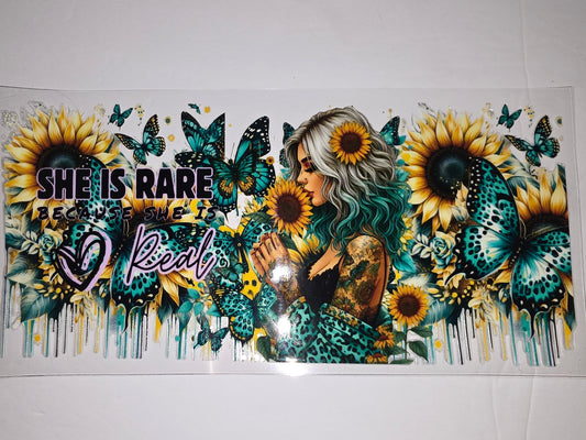 Bohemian Woman Sunflower Butterfly Tumbler Wrap | Teal Leopard Print & Drip Design
