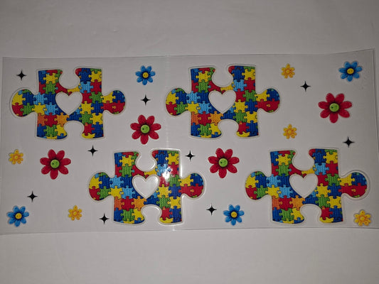 Autism Awareness Puzzle Piece Heart Tumbler Wrap | Rainbow Colors | Sublimation Design