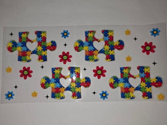 Autism Awareness Puzzle Piece Tumbler Wrap | Rainbow Colors & Heart Design | Sublimation Cup Decal
