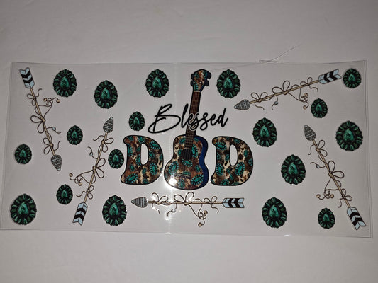 Blessed Dad Guitar & Turquoise Western Style Tumbler Wrap | Boho Arrows & Gems