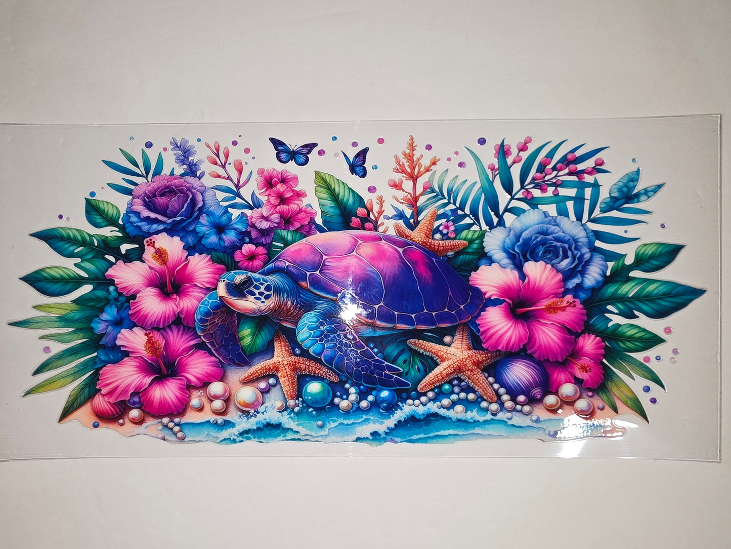 Vibrant Tropical Turtle Tumbler Wrap - Ocean Flowers, Butterflies, Starfish - Beach Vibes