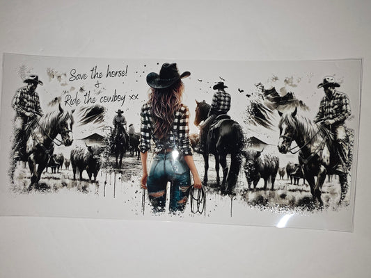 Cowgirl & Cowboy Horse Riding Tumbler Wrap - Western Farm Scene Design