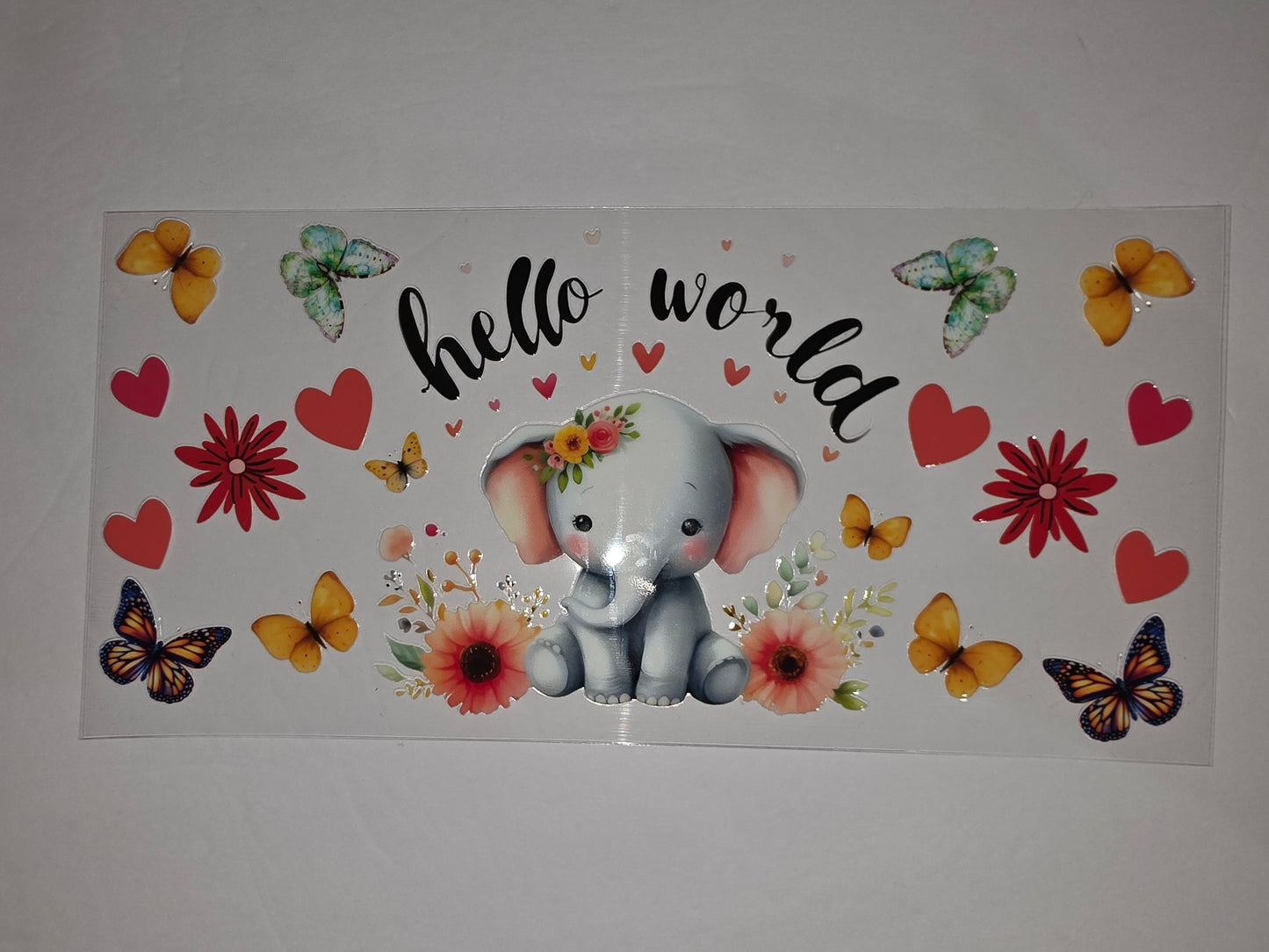 Cute Baby Elephant "Hello World" Tumbler Wrap | Butterflies & Flowers | Pink, Orange, Yellow