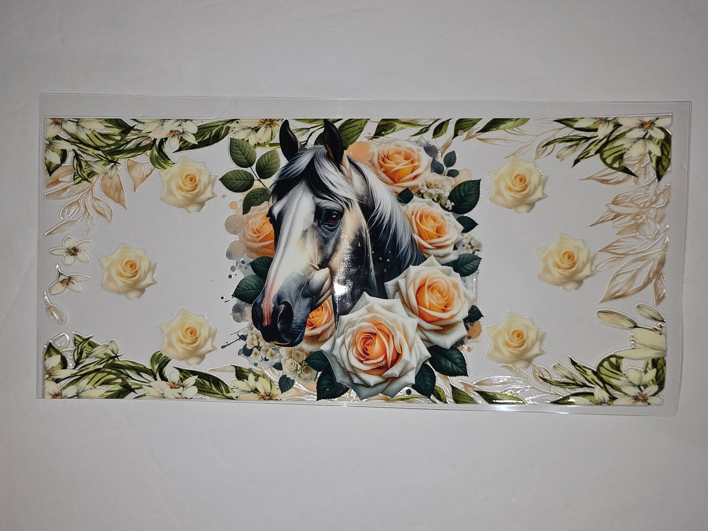Elegant Horse & Rose Floral Tumbler Wrap | Vintage Cream & Peach Roses | Equestrian Drinkware Design
