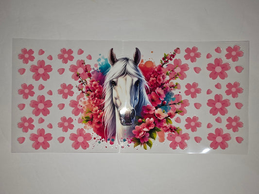 White Horse Floral Tumbler Wrap | Pink Cherry Blossoms & Hearts | Sublimation Design