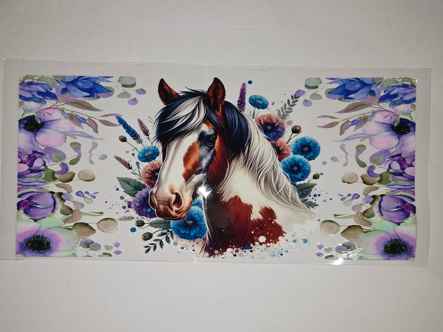 Majestic Horse Floral Tumbler Wrap | Watercolor Paint Splatter Design | Blue & Purple Flowers